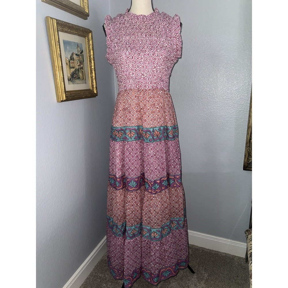 Oliphant SLEEVELESS SMOCKED Long MAXI Dress Large Boho Resort Wear Preppy